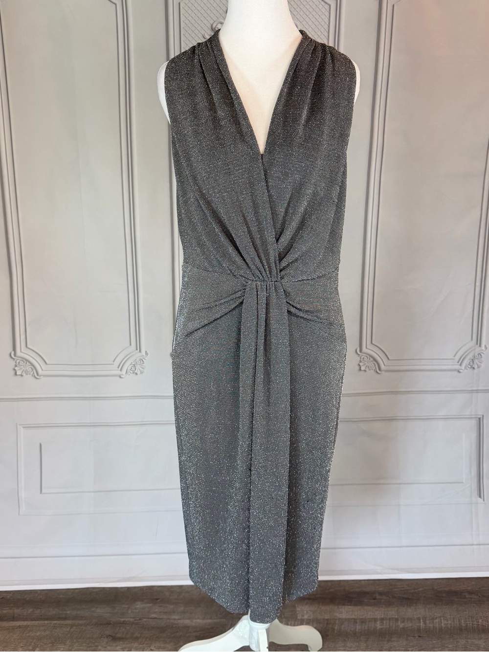 Anne Klein Metallic Glitter Knit Wrap-Front Midi Dress Sz 12 Cocktail Party Glam